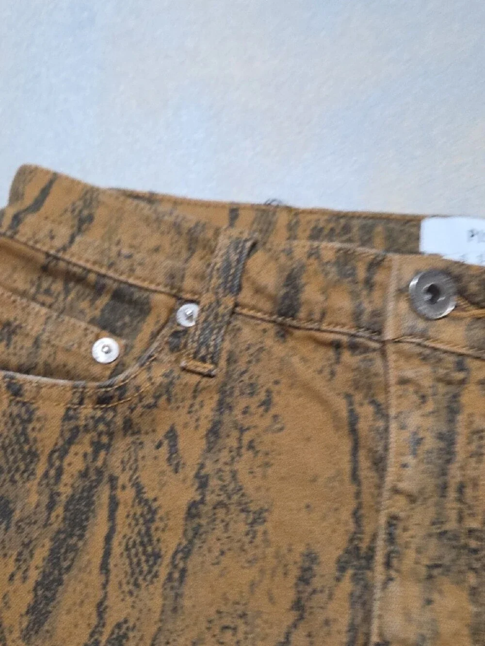 pistola brown mustard snake print denim mini skirt with frayed hem